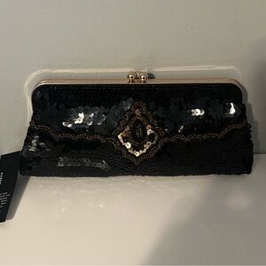 Black Sequin & Gold Embellished Evening Clutch